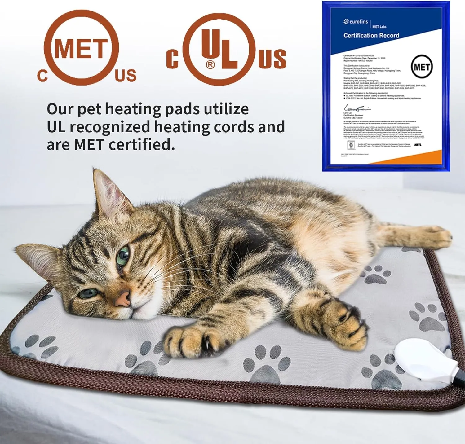 Cat Heating Pad - Round, 16in, Waterproof, Smart Thermostat, Adjustable Cat Bed, Paw Print