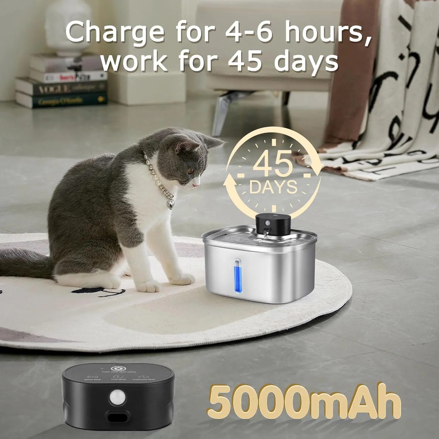 Cat Water Fountain Cordless, 169oz/5L Wireless Smart Pet Water Fountain with 5000mAh Battery & Ultra Quiet Pump, Stainless Steel Automatic Pet Water Dispenser for Cats & Dogs