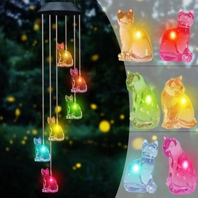 Cat Solar Wind Chimes for Outside Colors Changing Waterproof Decorative Lights Gifts for Mom Solar Powered Mobile Hanging Wind Chime for Garden Patio Party Yard Window Indoor Outdoor Decor