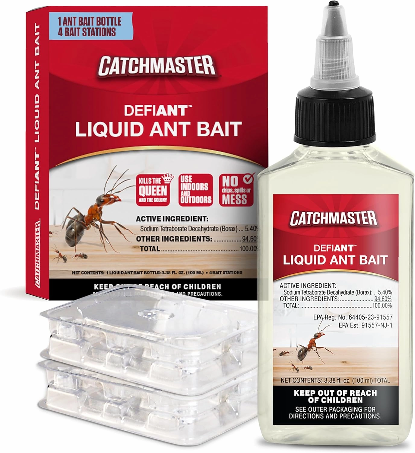 Catchmaster Defiant™ Liquid Ant Bait (50 uses)   4 Classic Reusable Bait Stations (2 Stacked), Multi-Surface Ant Traps Indoor & Outdoor, Pest Control Traps for Home, Eliminate Colonies, American Made