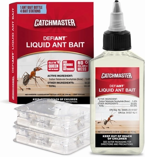 Catchmaster Defiant™ Liquid Ant Bait (50 uses)   4 Classic Reusable Bait Stations (2 Stacked), Multi-Surface Ant Traps Indoor & Outdoor, Pest Control Traps for Home, Eliminate Colonies, American Made