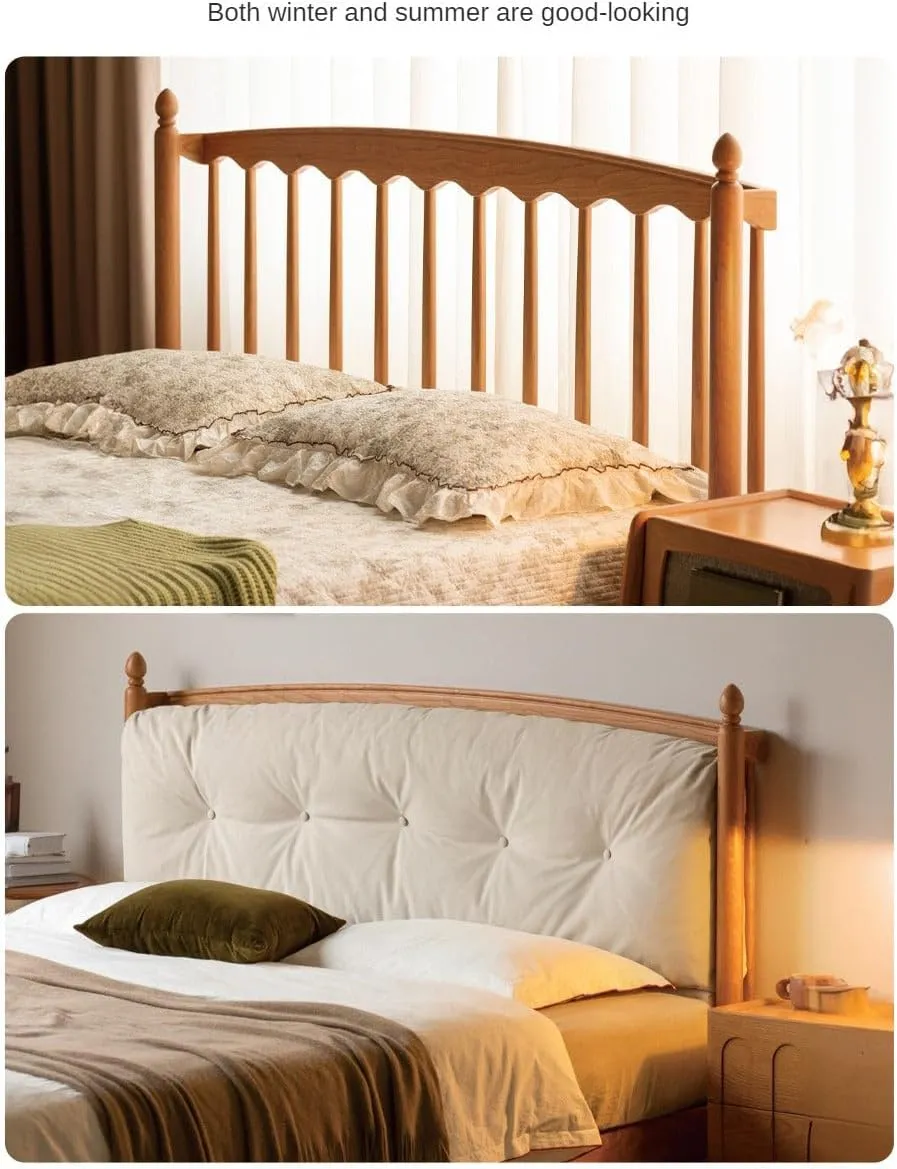 Cherry Solid Wood Soft Retro Bed (150x200cm) (59x78.7 inch) / Soft Bed Ecological Cloud Skin Fish Belly White