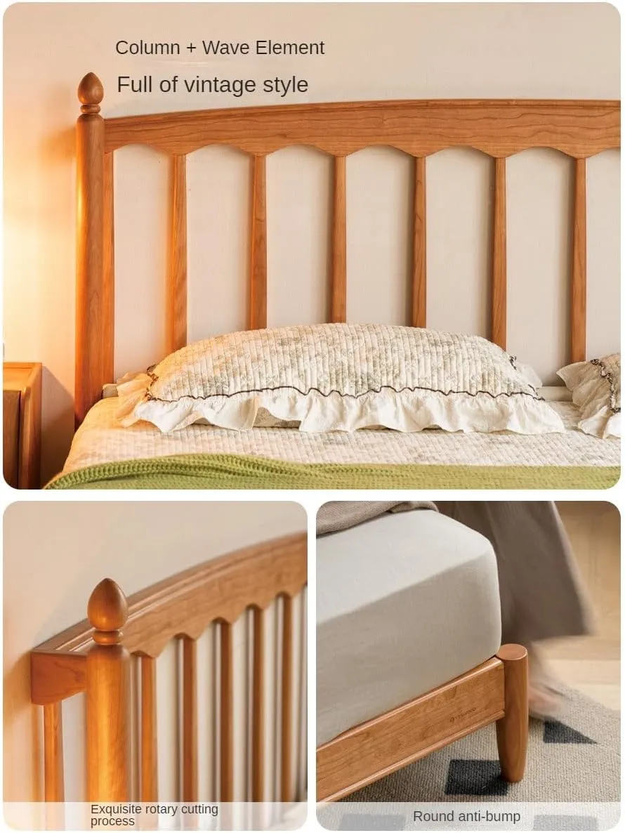 Cherry Solid Wood Soft Retro Bed (150x200cm) (59x78.7 inch) / Soft Bed Ecological Cloud Skin Fish Belly White
