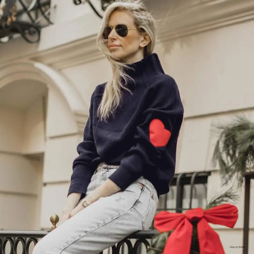 CHICWISH Women Comfy Casual Long Sleeve Heart Shape Patched Grey/White/Navy Knit Top Pullover Sweater