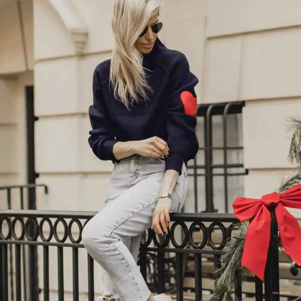 CHICWISH Women Comfy Casual Long Sleeve Heart Shape Patched Grey/White/Navy Knit Top Pullover Sweater