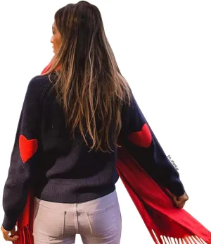 CHICWISH Women Comfy Casual Long Sleeve Heart Shape Patched Grey/White/Navy Knit Top Pullover Sweater
