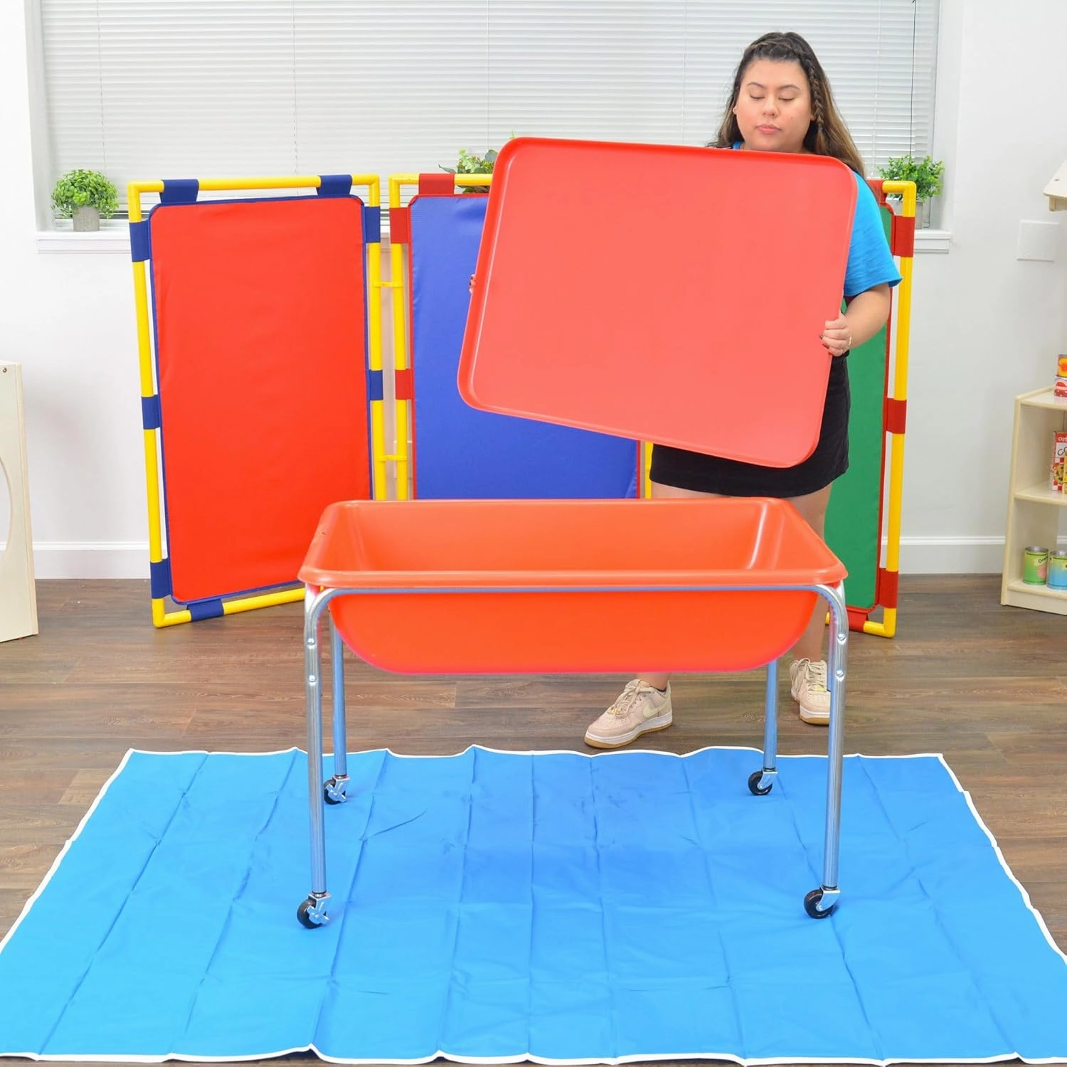 Children's Factory 24" Large Sensory Table, Sandbox with Lid, Water Table for Kids, Red