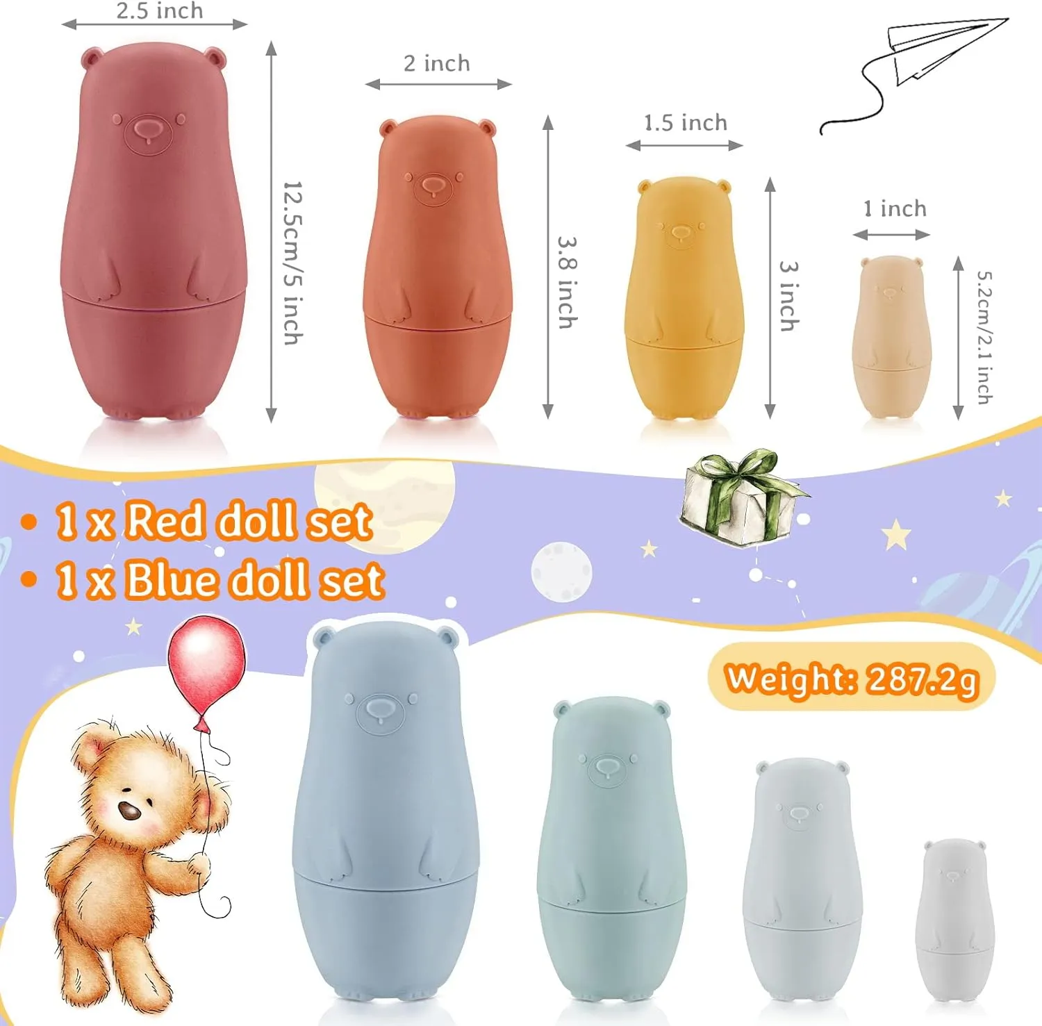 Chivao 8 Pieces Russian Nesting Dolls Silicone Matryoshka Doll Educational Stacking Nesting Dolls for Toddlers Vivid Food Grade Baby Teether for Kids(Bear)
