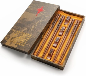 Chopsticks Reusable-Dragon and Phoenix Chopsticks Set with Holder and Carrying Bag,Chinese Style Natural Wood Chopstick Hand-Carved Chopstick Gift Set（4 Pairs）