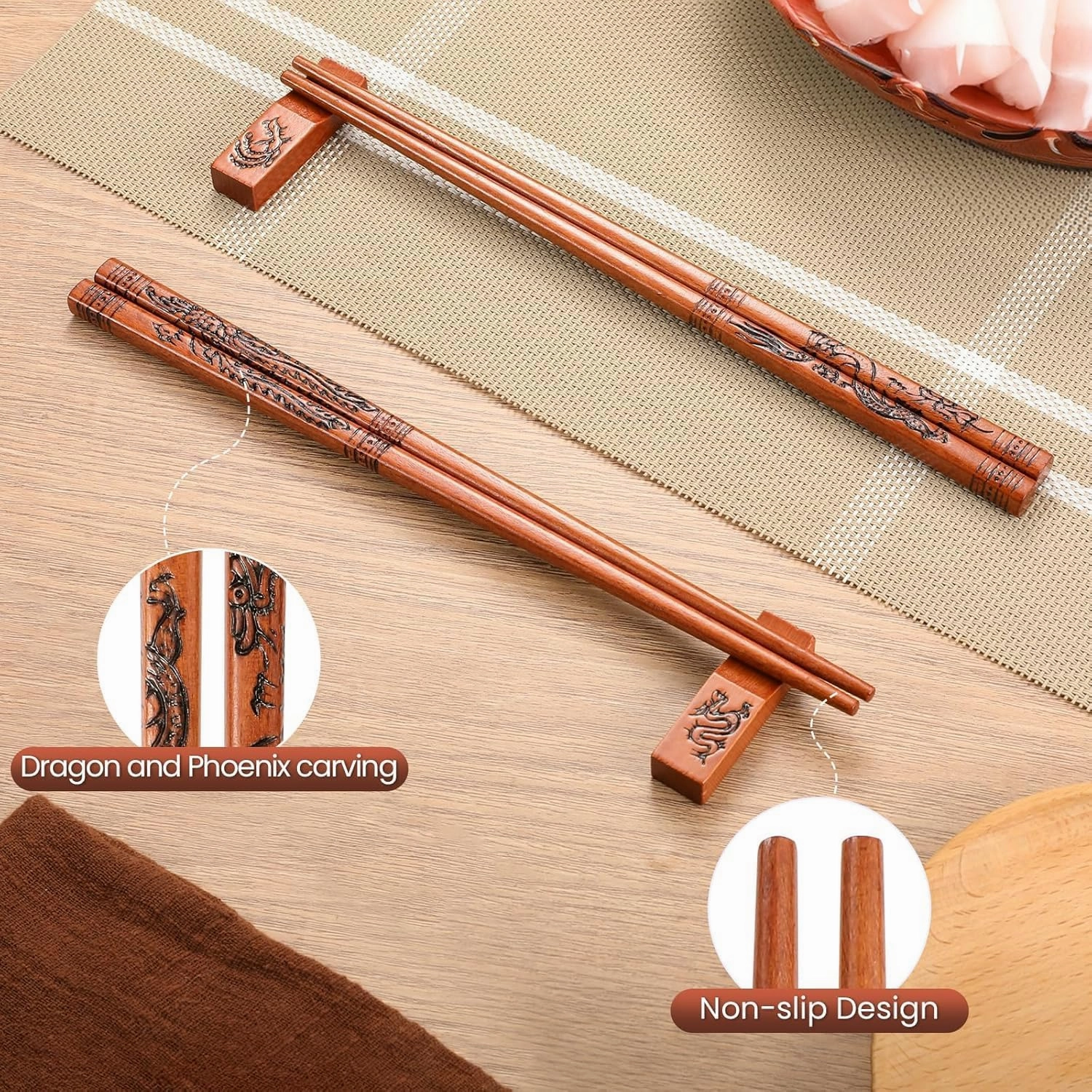 Chopsticks Reusable-Dragon and Phoenix Chopsticks Set with Holder and Carrying Bag,Chinese Style Natural Wood Chopstick Hand-Carved Chopstick Gift Set（4 Pairs）