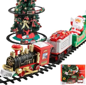 Christmas Train Set with Train and Track, Electric Christmas Tree with Sounds and Light, Eduactional Interactive Toys for Kids New Year Gifts Set