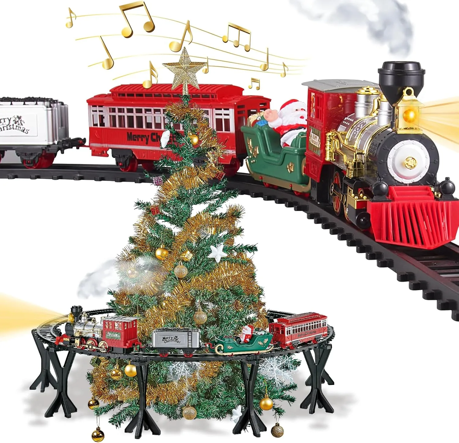 Christmas Tree Train Elevated, Floating Train Toy Steam Engine with Smoke, Light & Sound (Whistle/Mute), Holiday Xmas Tree Decoration for Kid Children, Gift for Ages 3 and Up Boys & Girls
