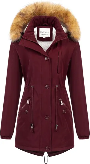Chrisuno Women's Mid-Length Military Parka Winter Outerwear Insulated Jacket Soft Fleece Snow Faux Fur Coat