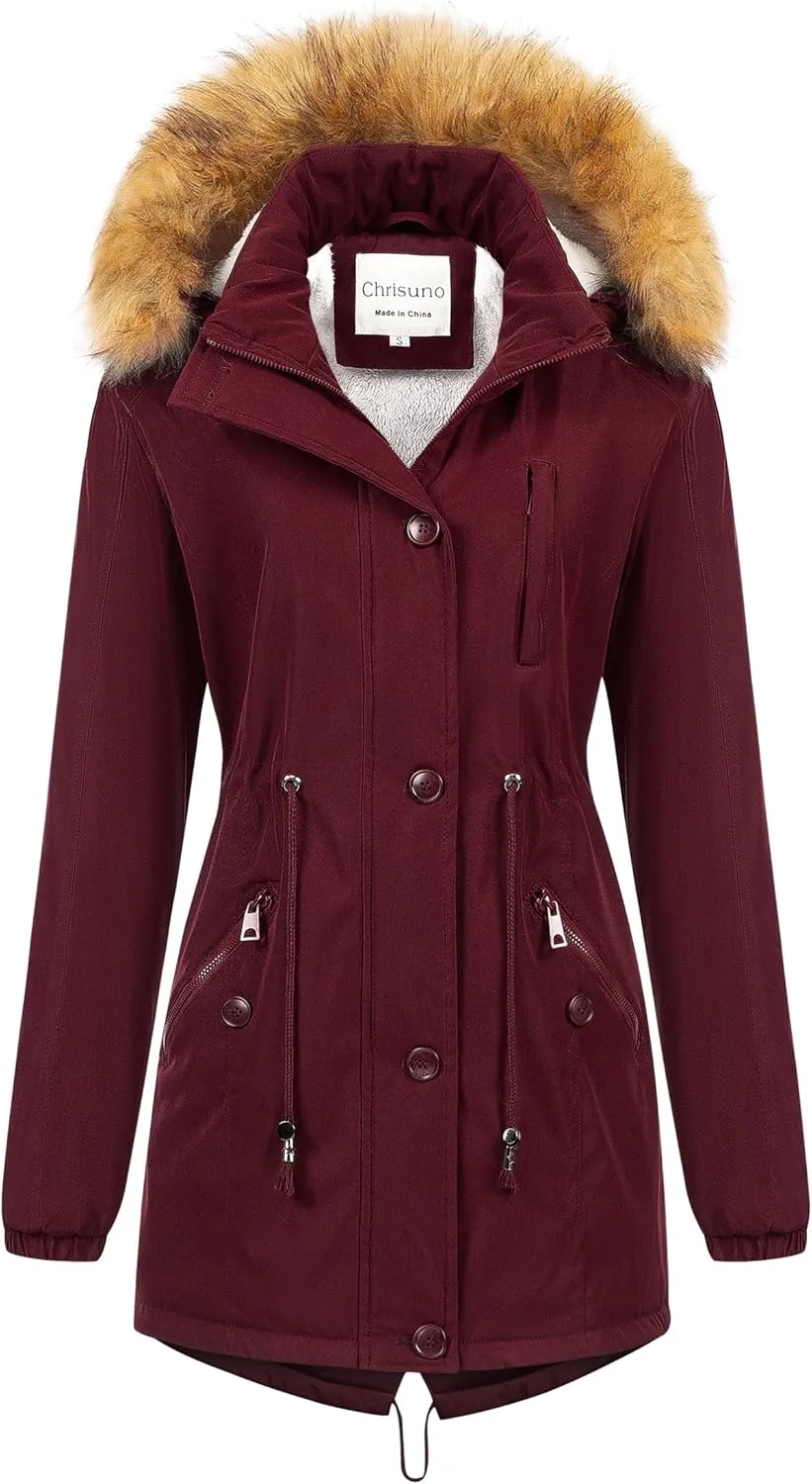 Chrisuno Women's Mid-Length Military Parka Winter Outerwear Insulated Jacket Soft Fleece Snow Faux Fur Coat