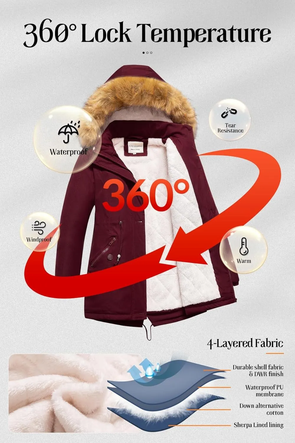 Chrisuno Women's Mid-Length Military Parka Winter Outerwear Insulated Jacket Soft Fleece Snow Faux Fur Coat