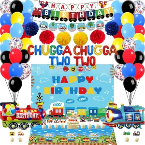 Chugga Chugga Two Two Train Theme Birthday Party Decorations - Cartoon Transportation Happy Birthday Banner Backdrop - Choo Choo Theme