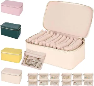 Circulate Travel Jewelry Box, Shiftalte Travel Jewelry Box, Portable PU Leather Jewelry Organizer Box with 12 Velvet Pouches, With Portable Handle, For Earring, Necklace, Rings (White)