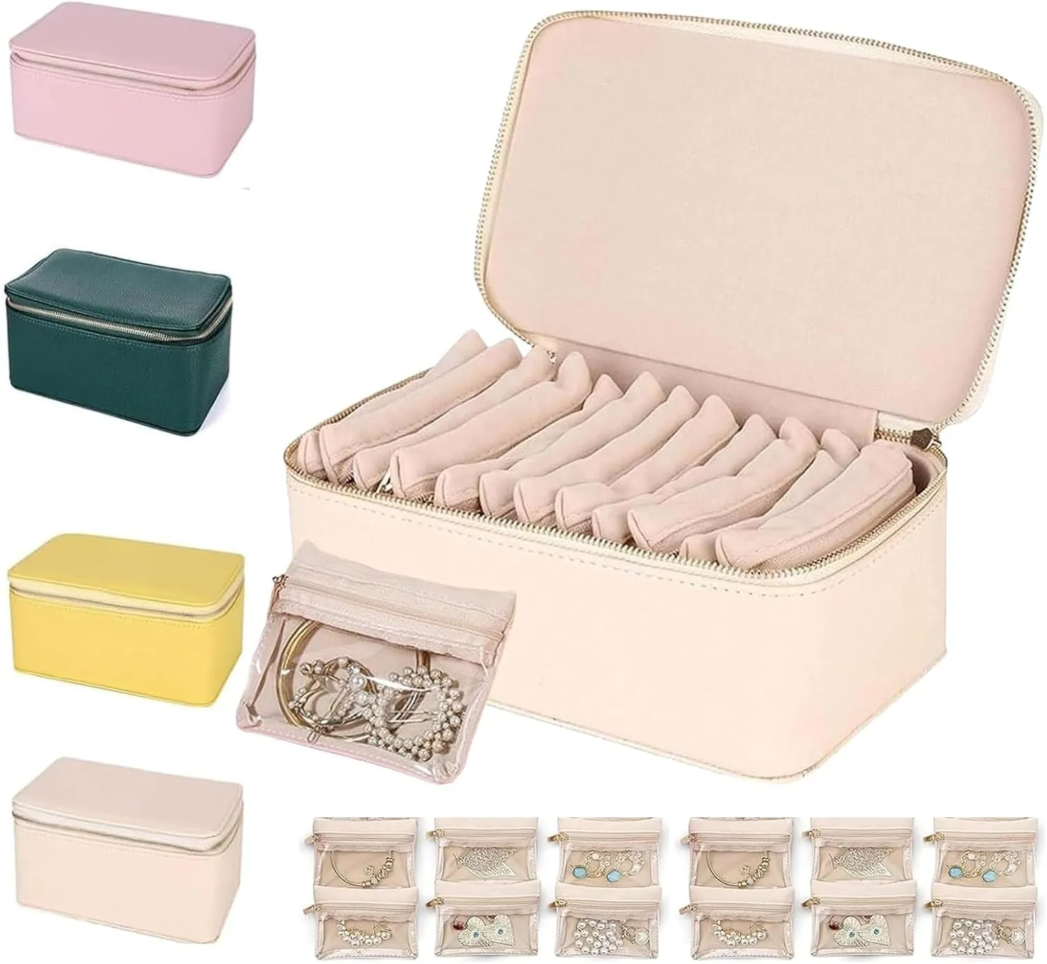 Circulate Travel Jewelry Box, Shiftalte Travel Jewelry Box, Portable PU Leather Jewelry Organizer Box with 12 Velvet Pouches, With Portable Handle, For Earring, Necklace, Rings (White)