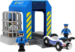 City Police Station Building Set for Wooden Train Tracks Accessories, Police Playset Pretend Toy Railway Train Station Vehicles Shed for Toddlers (Police Station)