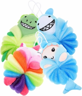 CLISPEED 4pcs Bath Sponge Cartoon Exfoliating Shower Balls Soft Body Scrubber for Daily Deep Cleansing Fun Unicorn Shark Dinosaur Easy to Clean Comfortable Use