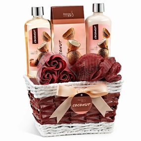 Coconut Spa Gift Basket, 6-Piece Bath & Body Set with Shower Gel, Body Lotion, Bath Salts, Soap Flowers, Bath Sponge in a Wicker Basket