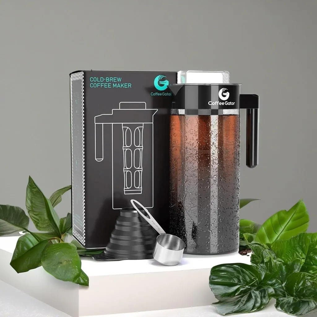 Coffee Gator Cold Brew Coffee Maker - 47 oz Iced Tea and Cold Brew Maker and Pitcher w/Glass Carafe, Filter, Funnel & Measuring Scoop - Black
