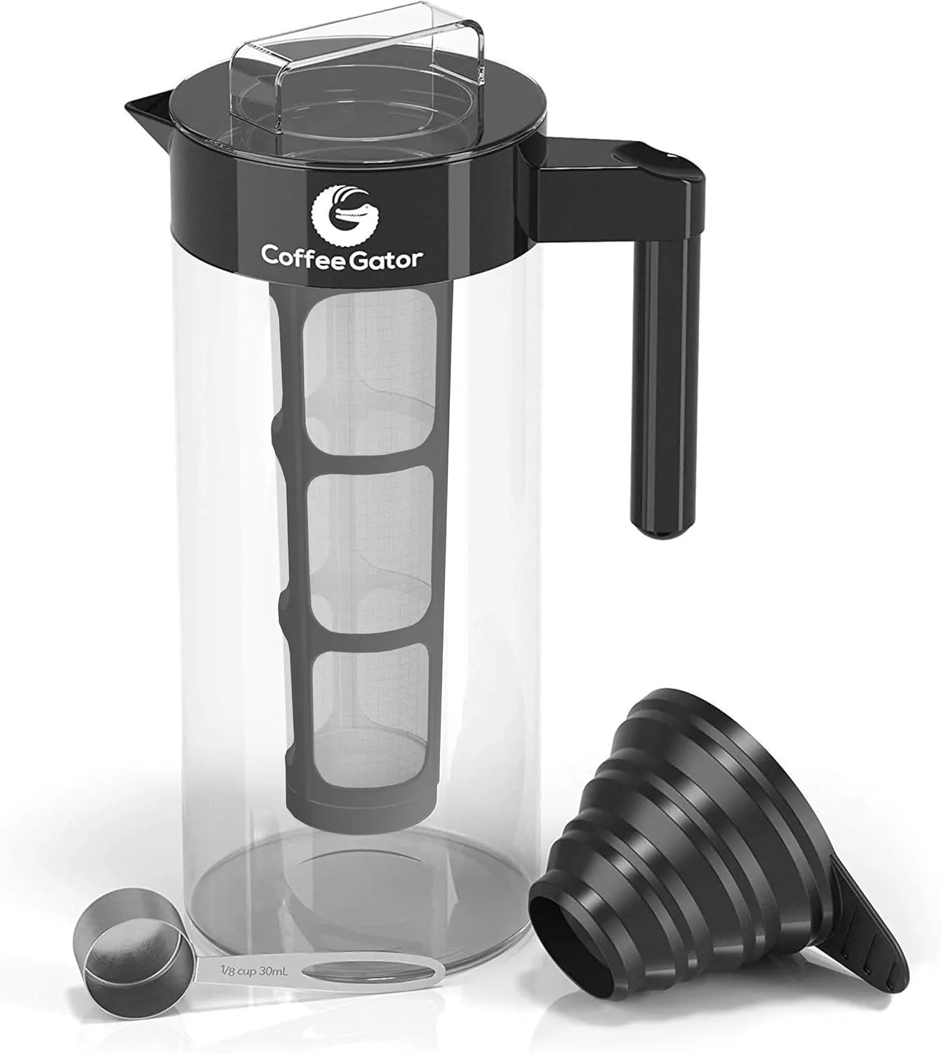 Coffee Gator Cold Brew Coffee Maker - 47 oz Iced Tea and Cold Brew Maker and Pitcher w/Glass Carafe, Filter, Funnel & Measuring Scoop - Black
