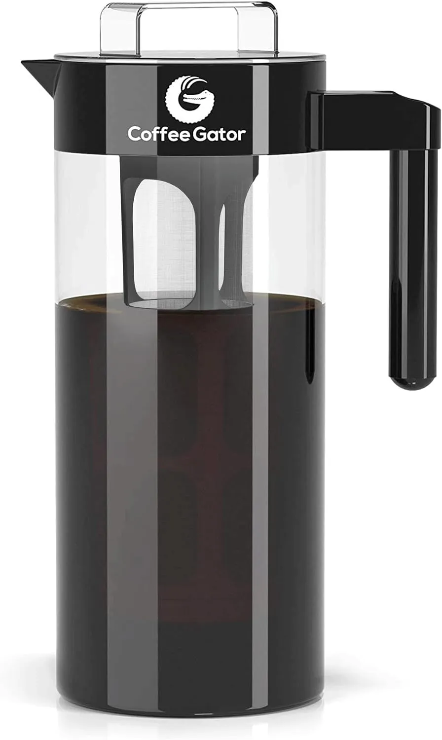 Coffee Gator Cold Brew Coffee Maker - 47 oz Iced Tea and Cold Brew Maker and Pitcher w/Glass Carafe, Filter, Funnel & Measuring Scoop - Black