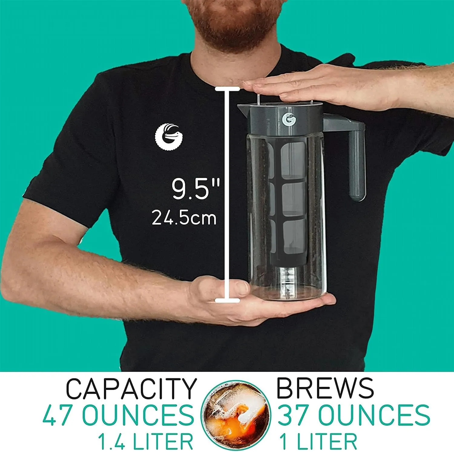 Coffee Gator Cold Brew Coffee Maker - 47 oz Iced Tea and Cold Brew Maker and Pitcher w/Glass Carafe, Filter, Funnel & Measuring Scoop - Black