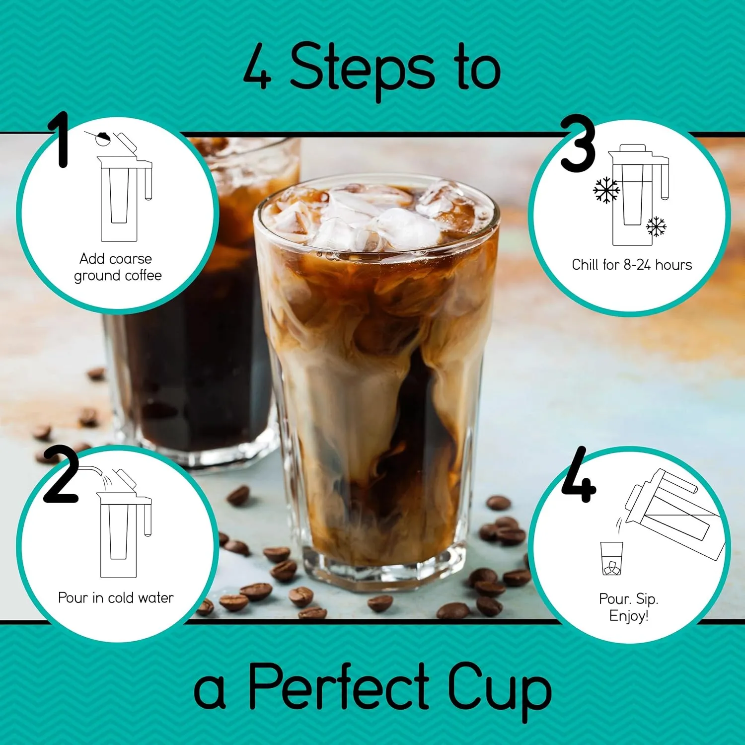 Coffee Gator Cold Brew Coffee Maker - 47 oz Iced Tea and Cold Brew Maker and Pitcher w/Glass Carafe, Filter, Funnel & Measuring Scoop - Black