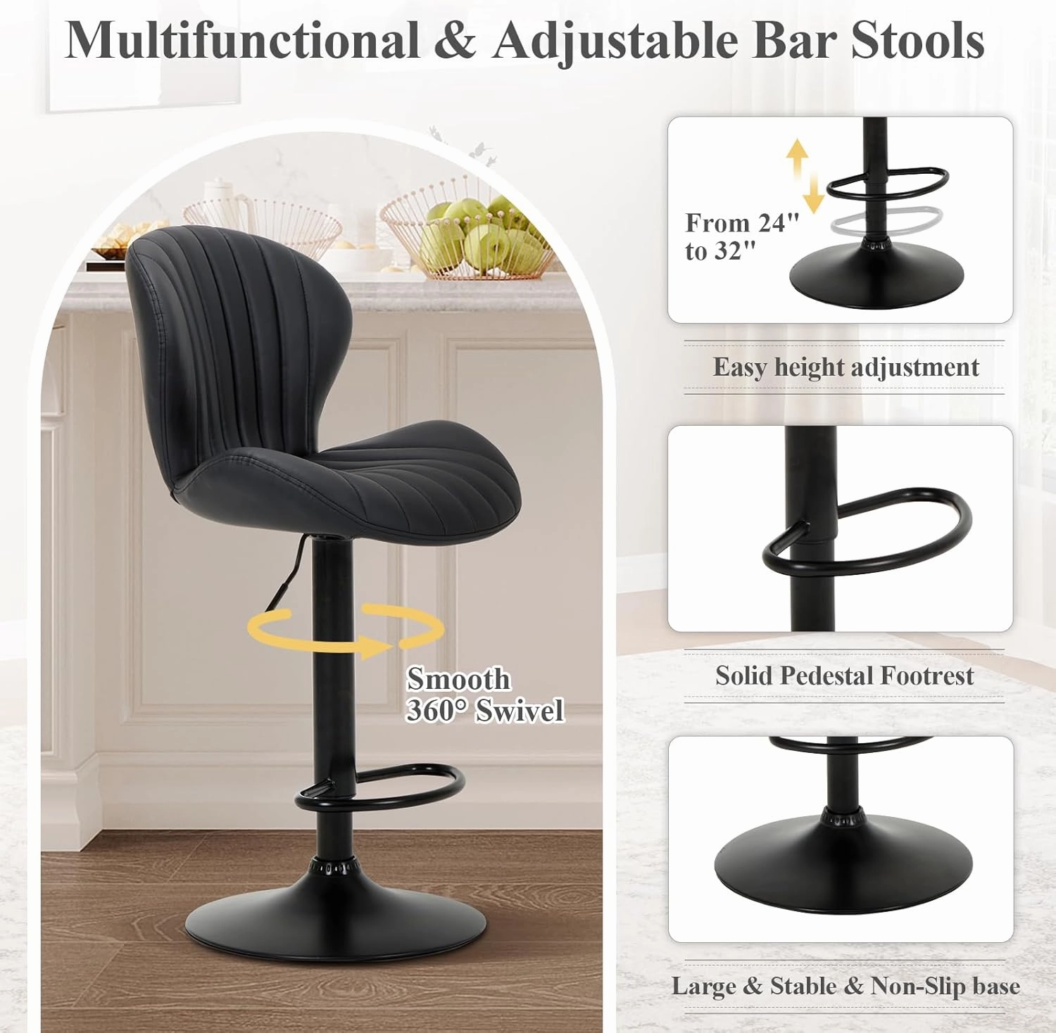 COLAMY Bar Stools Set of 2, Modern Swivel Bar Chairs, Adjustable Faux Leather Upholstered Barstools Counter Height with High Backrest for Bar, Kitchen Island, Dining Room, Black