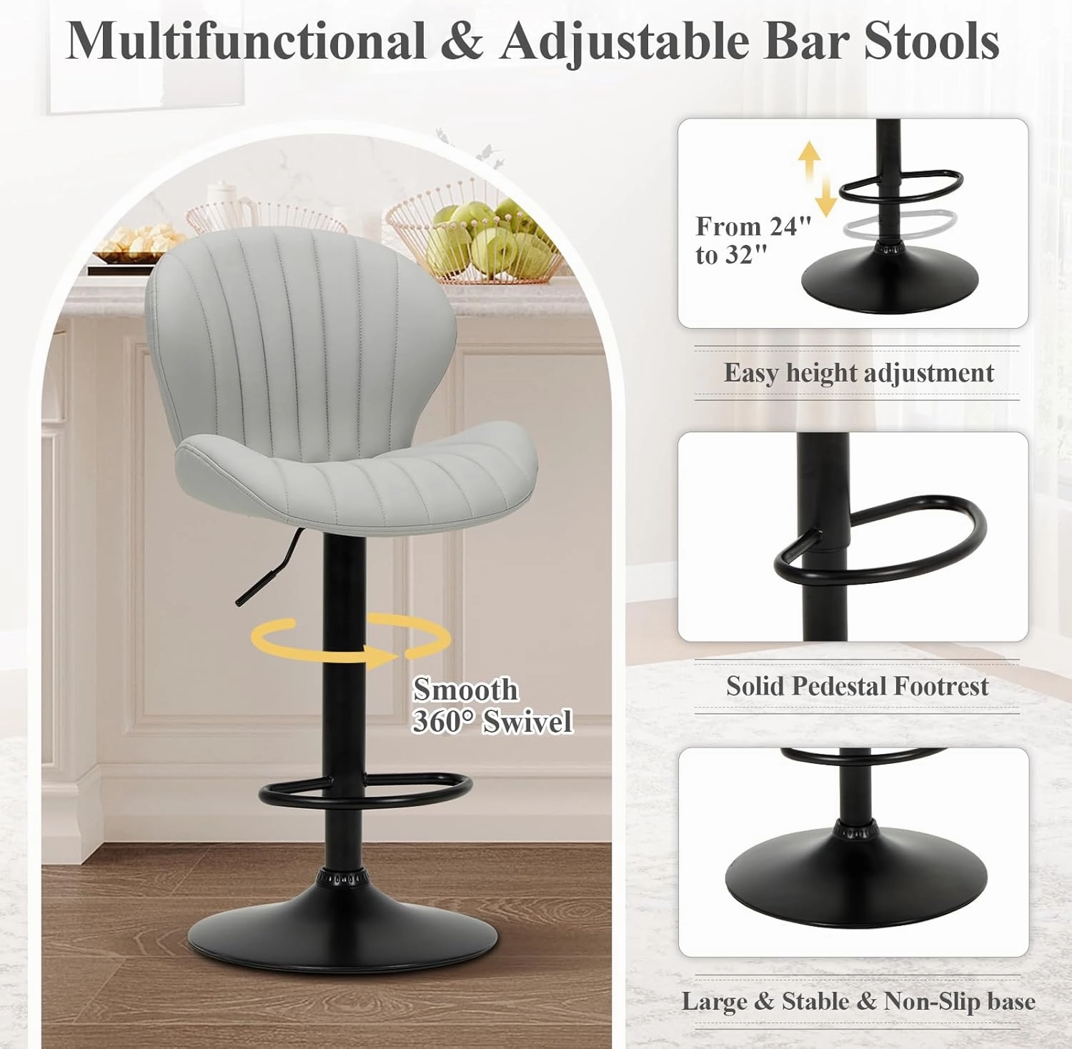 COLAMY Bar Stools Set of 2, Modern Swivel Bar Chairs, Adjustable Faux Leather Upholstered Barstools Counter Height with High Backrest for Bar, Kitchen Island, Dining Room, Grey