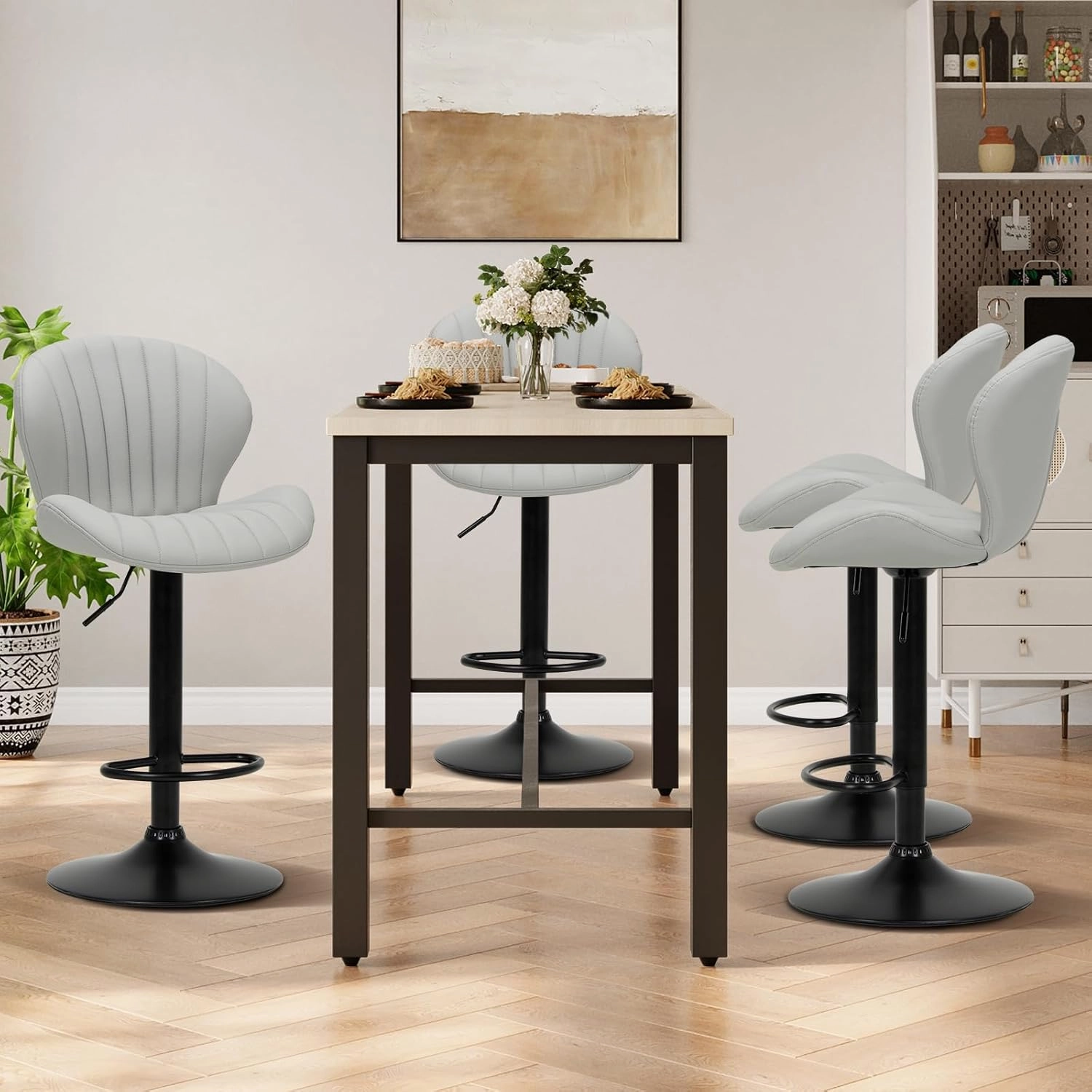 COLAMY Bar Stools Set of 2, Modern Swivel Bar Chairs, Adjustable Faux Leather Upholstered Barstools Counter Height with High Backrest for Bar, Kitchen Island, Dining Room, Grey
