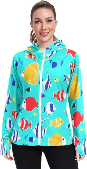 Colorful Fish Teal Blue Lightweight Sun Hoodie Women, Upf 50  Zip up Long Sleeve Fishing Shirt