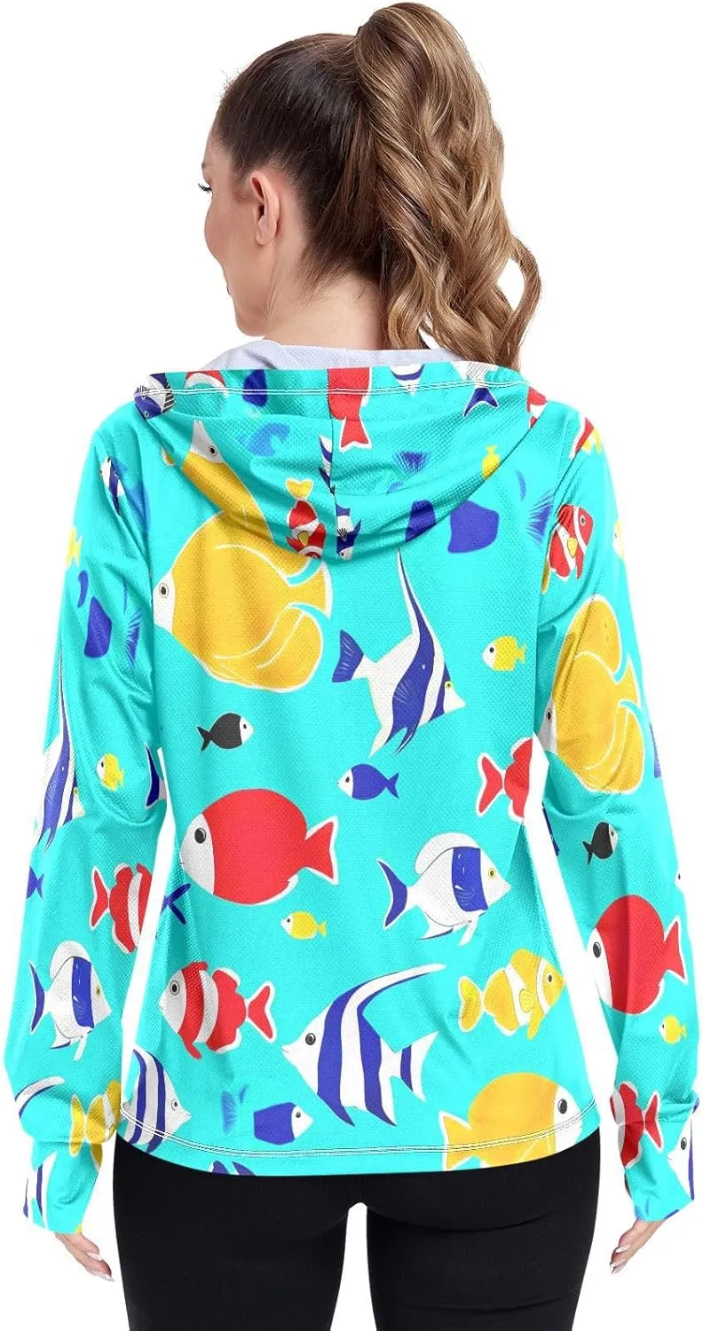 Colorful Fish Teal Blue Lightweight Sun Hoodie Women, Upf 50  Zip up Long Sleeve Fishing Shirt