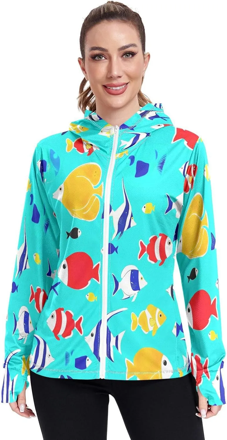 Colorful Fish Teal Blue Lightweight Sun Hoodie Women, Upf 50  Zip up Long Sleeve Fishing Shirt