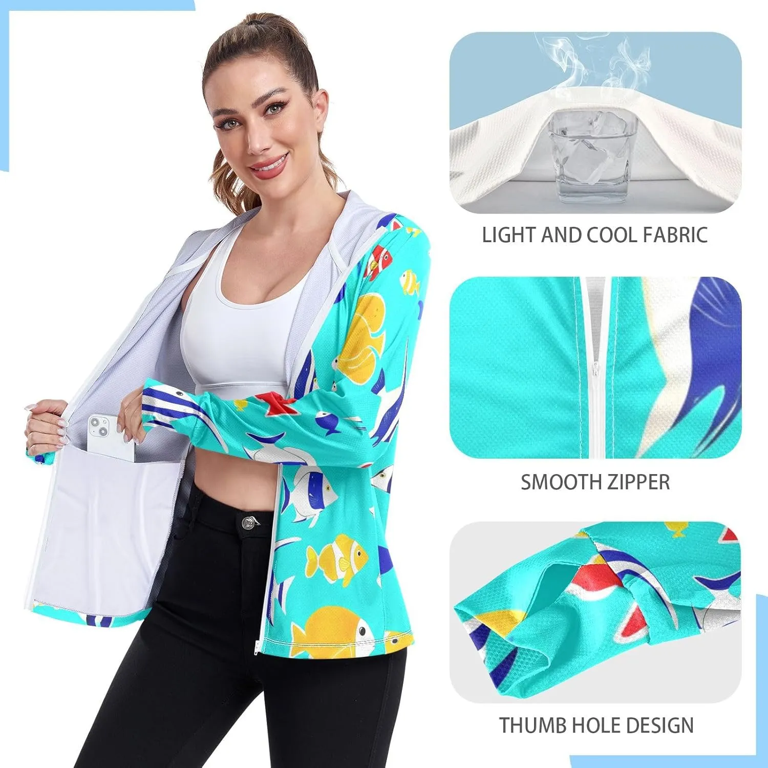 Colorful Fish Teal Blue Lightweight Sun Hoodie Women, Upf 50  Zip up Long Sleeve Fishing Shirt