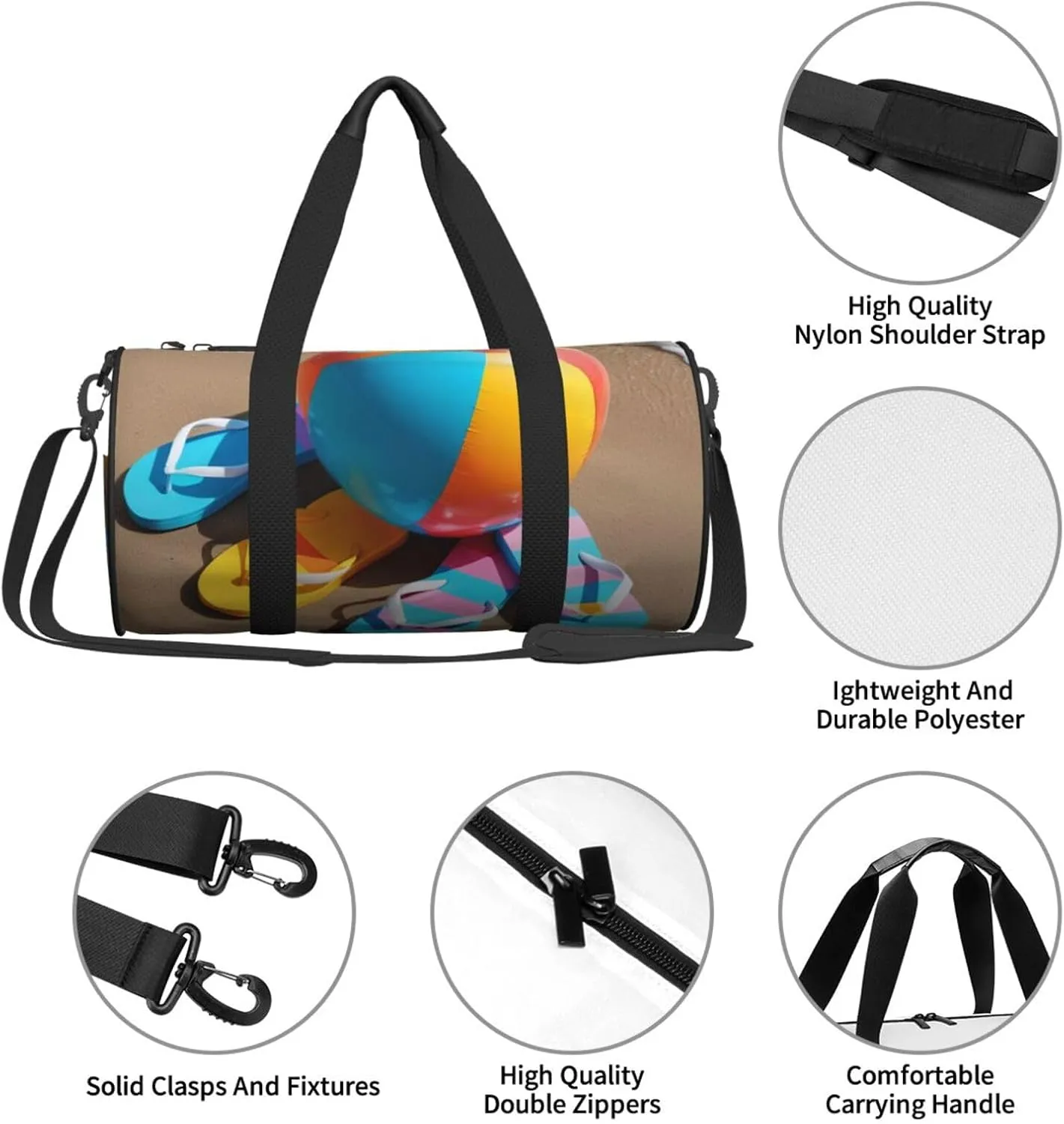 Colorful Flip Flops Beach Ball Printed Travel Bag,Round Personal Item Storage bag,Foldie Duffel Bag for Traveling Vacation,Fitness,Sports