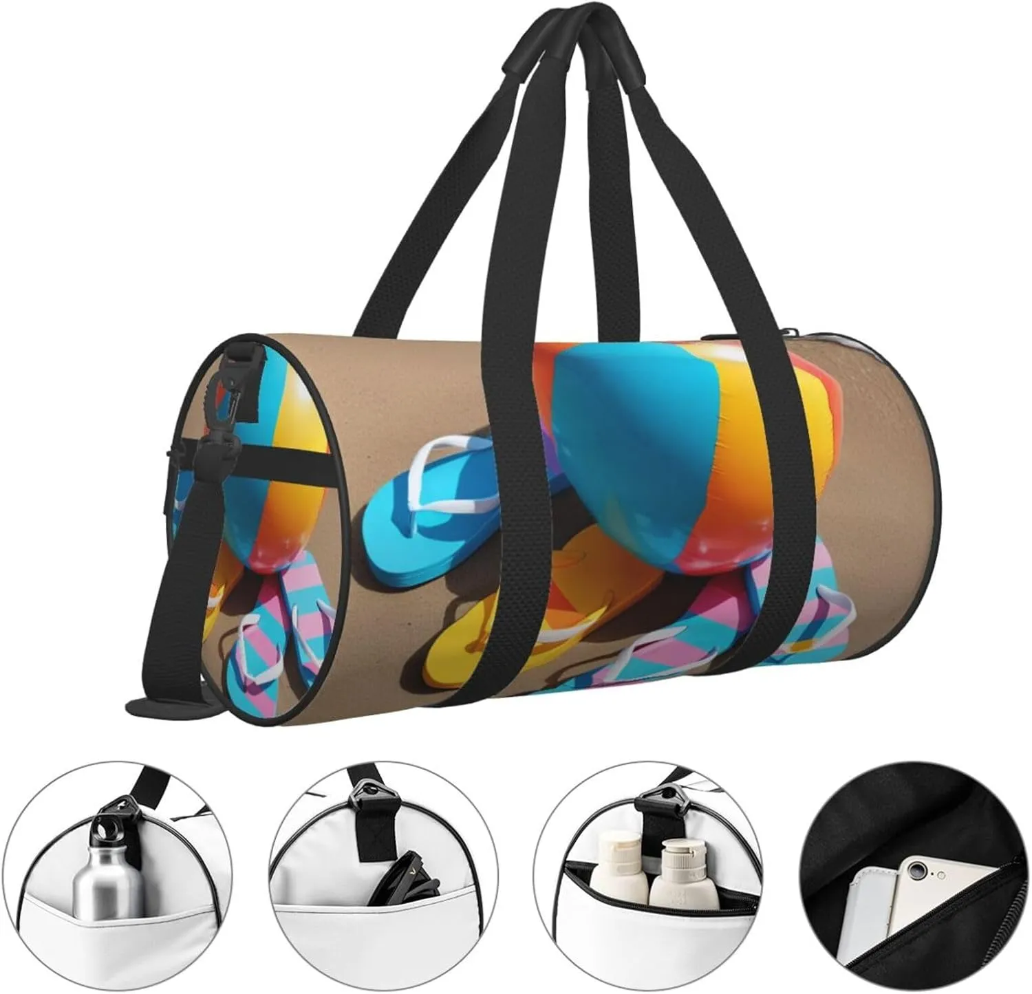 Colorful Flip Flops Beach Ball Printed Travel Bag,Round Personal Item Storage bag,Foldie Duffel Bag for Traveling Vacation,Fitness,Sports