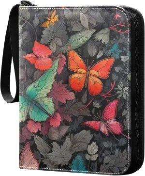 Colorful-leaves-butterflies-print Card Binder 4 Pocket, Fits 400 Cards,Trading Card Binder with Sleeves, Waterproof Sports Card Binder with Zip Collectible Trading Card Albums for Collectible Game Car