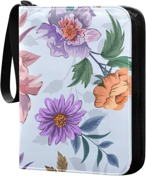 Colorful-pattern-with-floral Card Binder 4 Pocket, Fits 400 Cards,Trading Card Binder with Sleeves, Waterproof Sports Card Binder with Zip Collectible Trading Card Albums for Collectible Game Cards MT