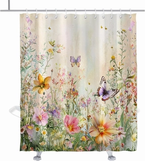 Colorful Floral Shower Curtain Butterfly Leaf Pattern Fun Shower Curtains for Bathroom Pretty Flowers Bathroom Accessories with Hooks 72" W × 84" H