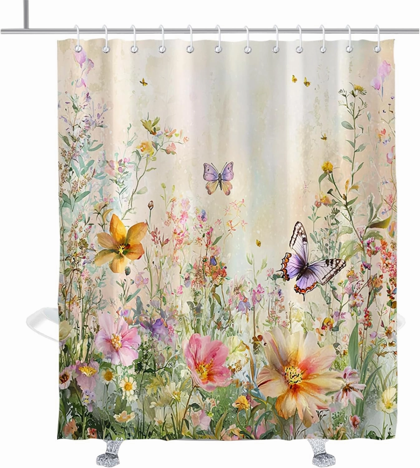 Colorful Floral Shower Curtain Butterfly Leaf Pattern Fun Shower Curtains for Bathroom Pretty Flowers Bathroom Accessories with Hooks 72" W × 84" H