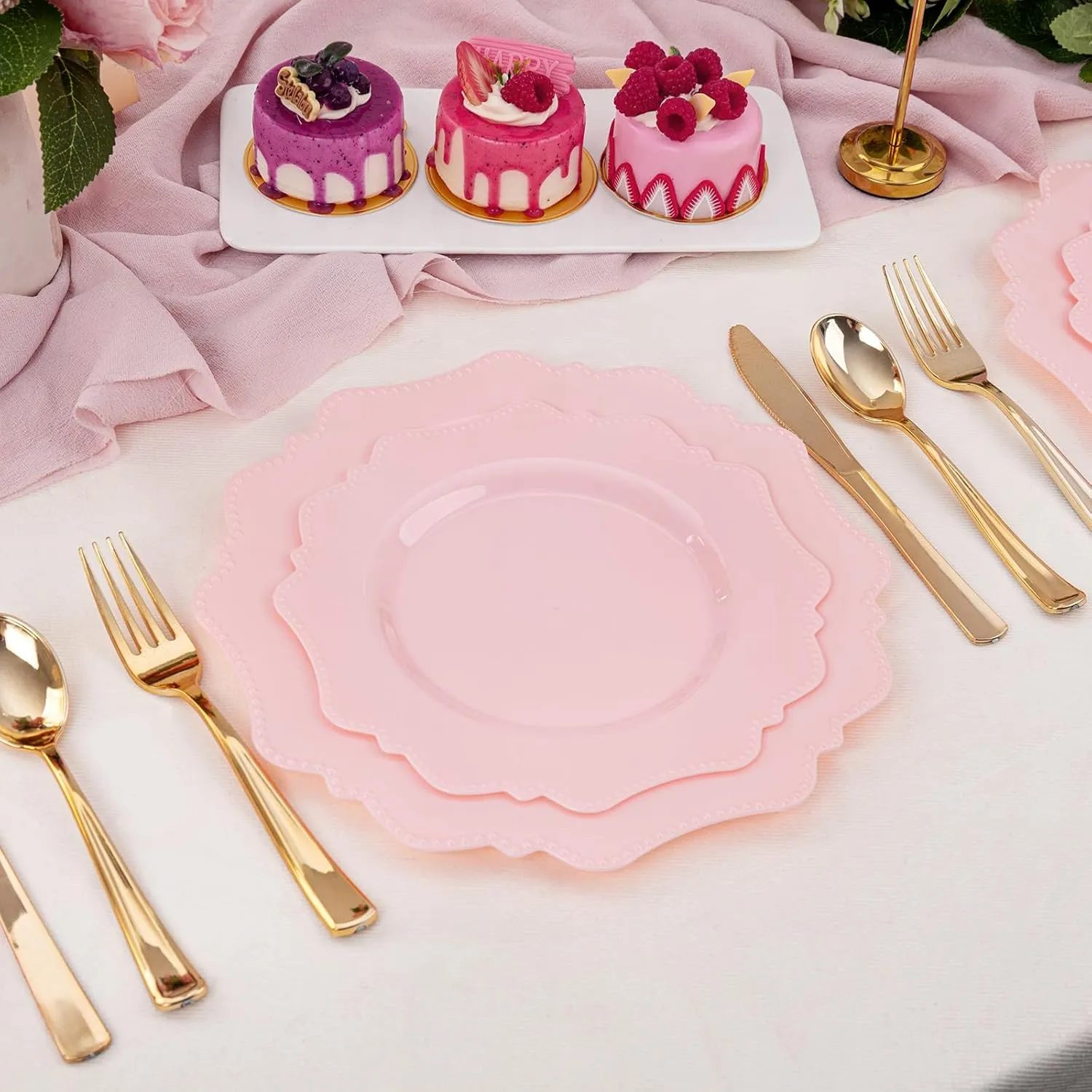 COLOSUS Disposable Pink Party Plastic Plates Set, 60 Pack (30 Guest) Dinner & Salad/Dessert Plate for Spring Wedding Birthday Party Dinner,Easter Day party plates