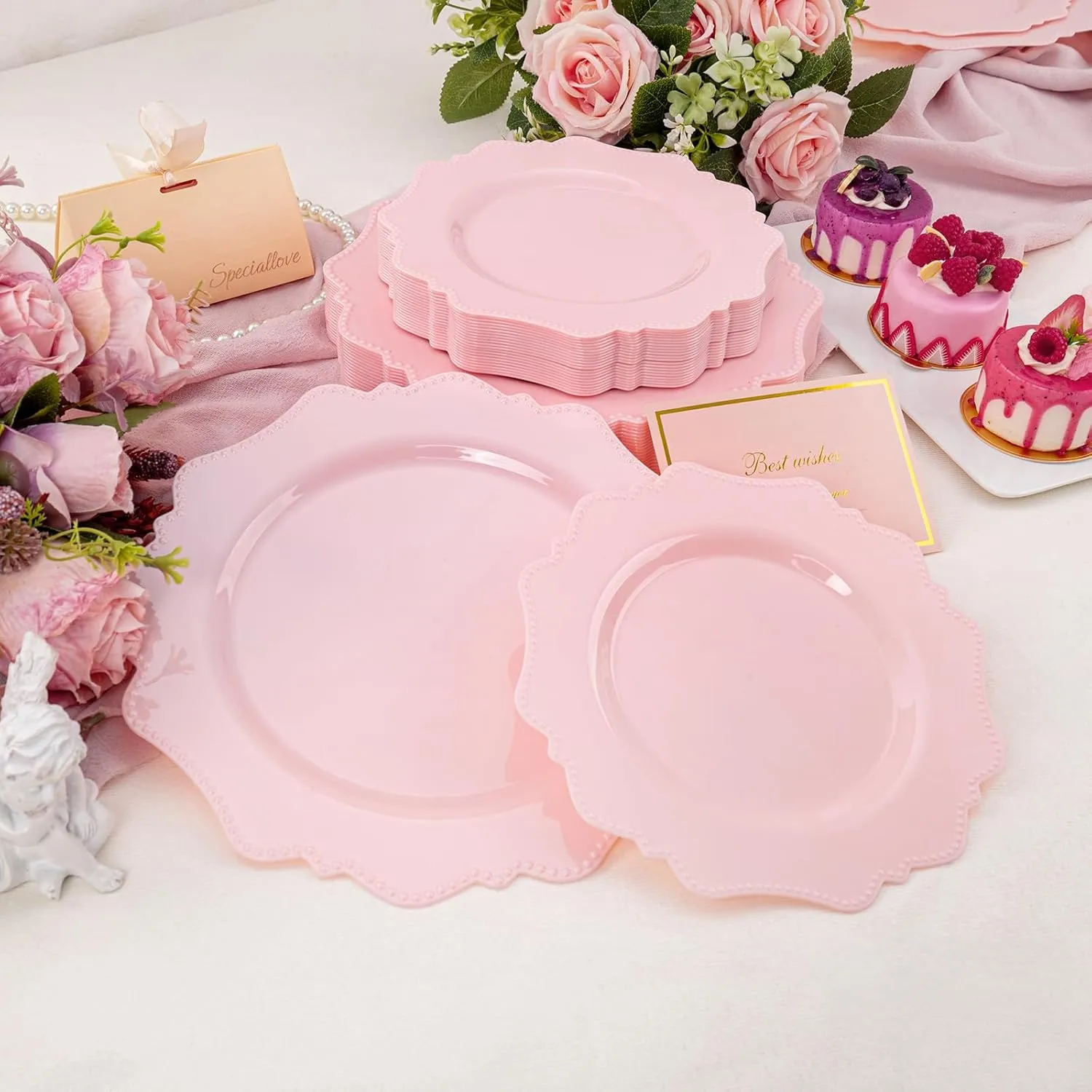 COLOSUS Disposable Pink Party Plastic Plates Set, 60 Pack (30 Guest) Dinner & Salad/Dessert Plate for Spring Wedding Birthday Party Dinner,Easter Day party plates