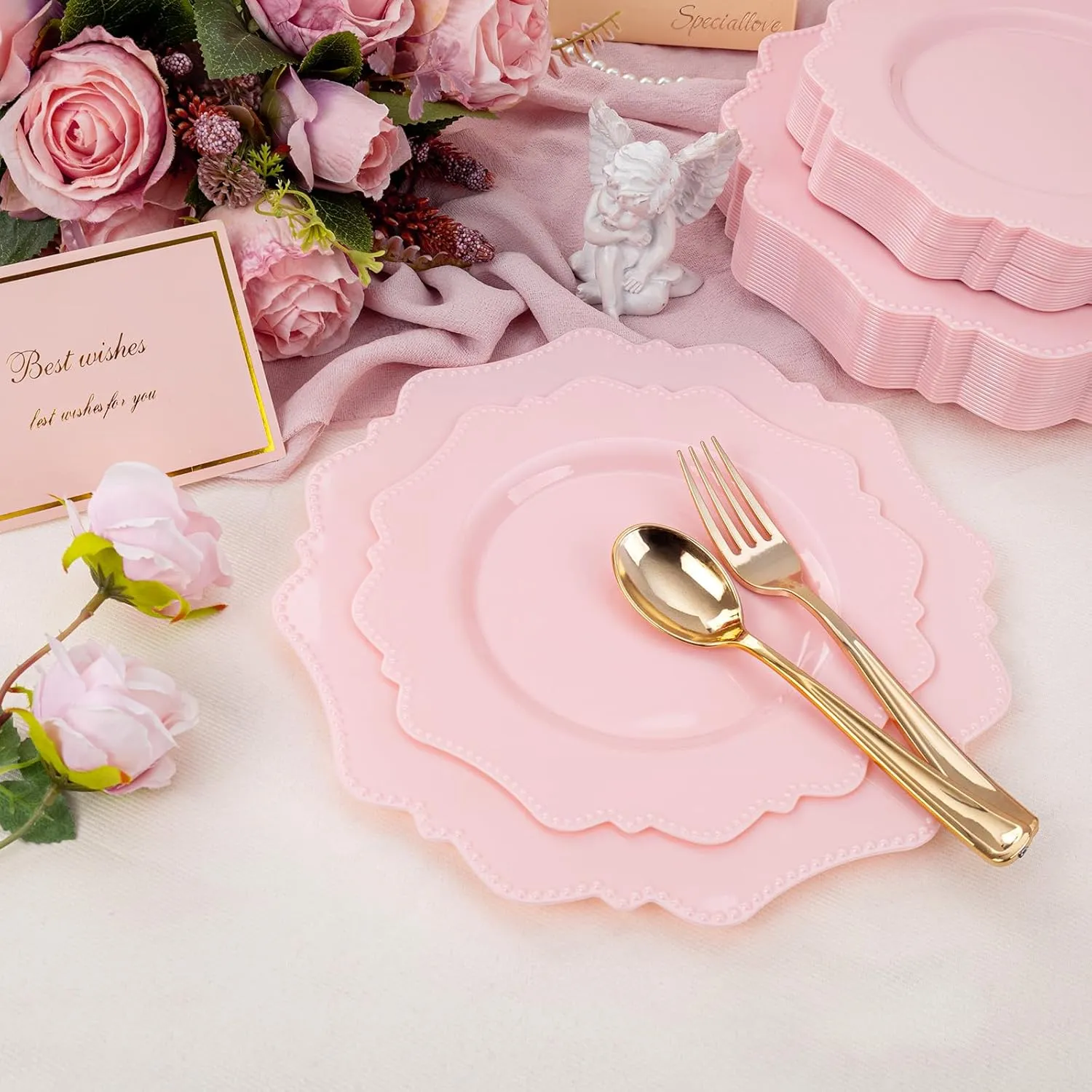 COLOSUS Disposable Pink Party Plastic Plates Set, 60 Pack (30 Guest) Dinner & Salad/Dessert Plate for Spring Wedding Birthday Party Dinner,Easter Day party plates