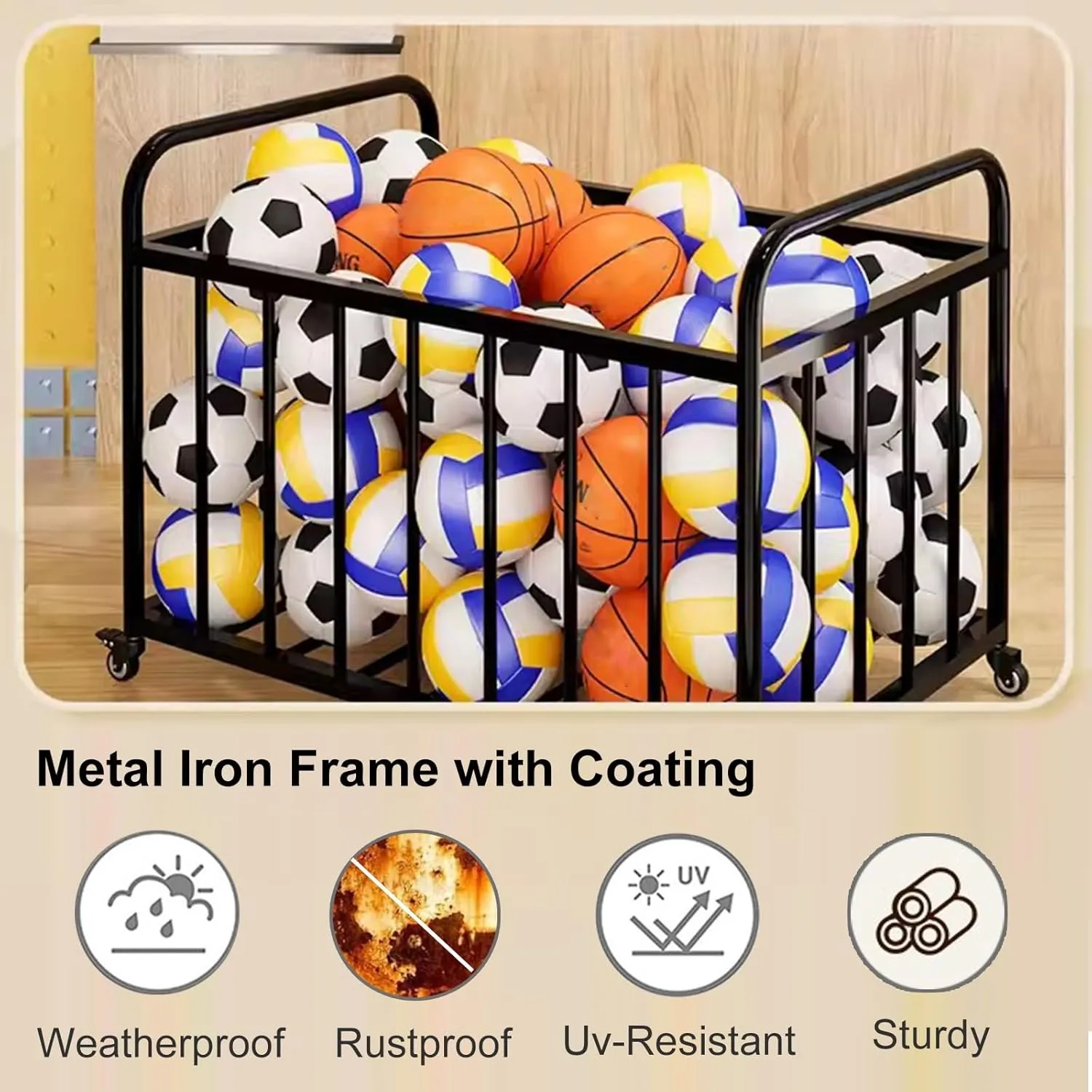 Commercial Gym Exercise Ball Holder Black Playground Equipment Ball Storage, Metal Lockable Basketball Storage Carts with Wheels, Lockable Lid and Handle, Sturdy Ball Locker for Home Garage Gym School