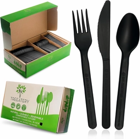 Compostable Cutlery Set, Plant-Based Compostable Utensils Disposable, Dishwasher-Safe Compostable Silverware, 380-Piece Disposable Cutlery, Plant a Tree with Every Box, Charcoal Black