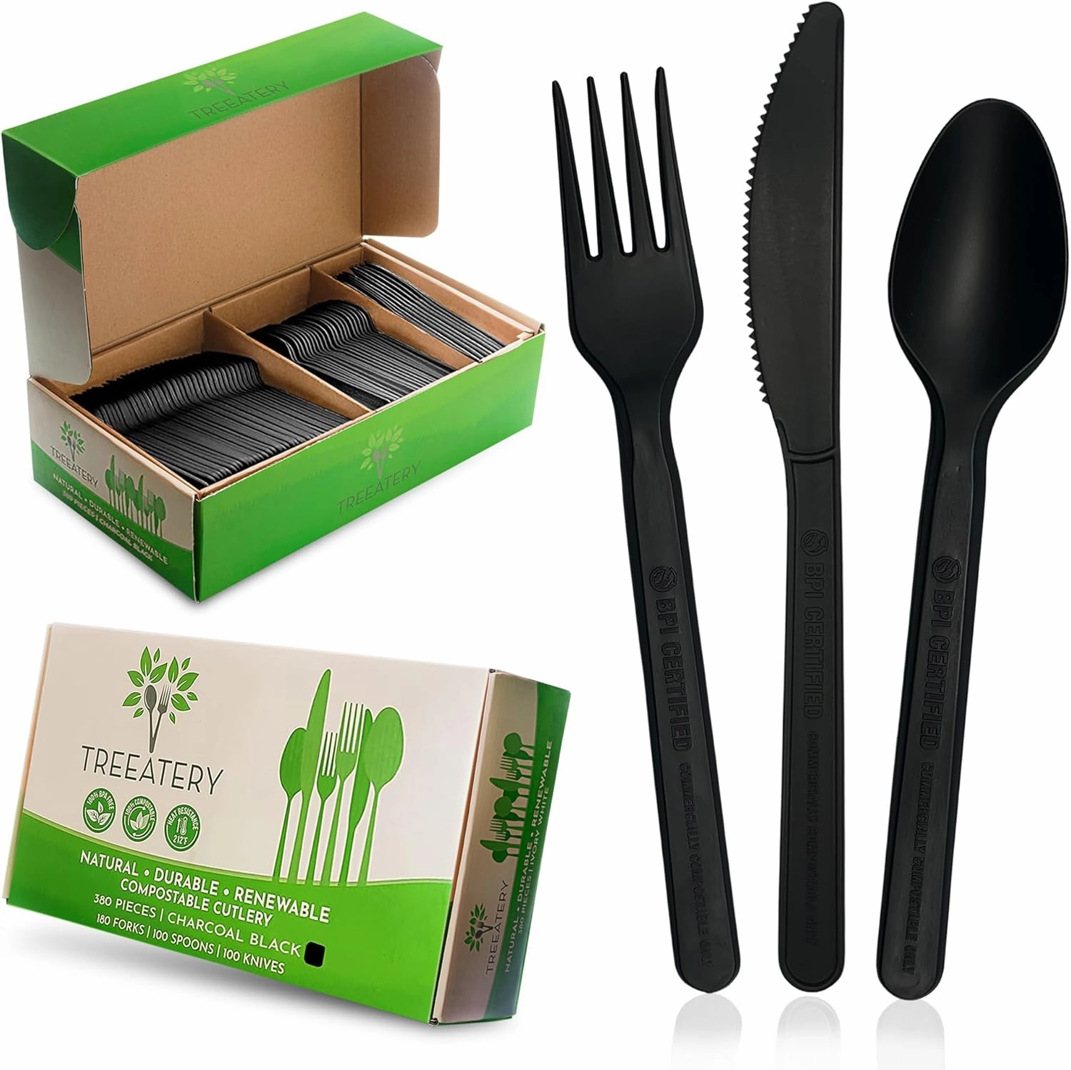 Compostable Cutlery Set, Plant-Based Compostable Utensils Disposable, Dishwasher-Safe Compostable Silverware, 380-Piece Disposable Cutlery, Plant a Tree with Every Box, Charcoal Black