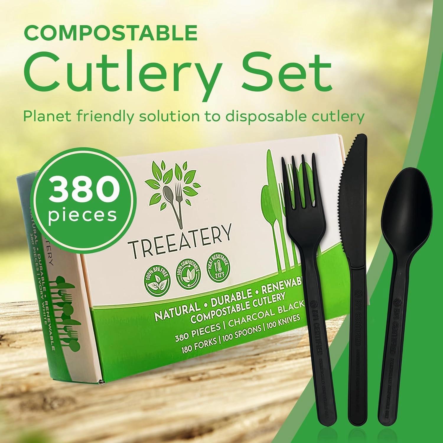Compostable Cutlery Set, Plant-Based Compostable Utensils Disposable, Dishwasher-Safe Compostable Silverware, 380-Piece Disposable Cutlery, Plant a Tree with Every Box, Charcoal Black